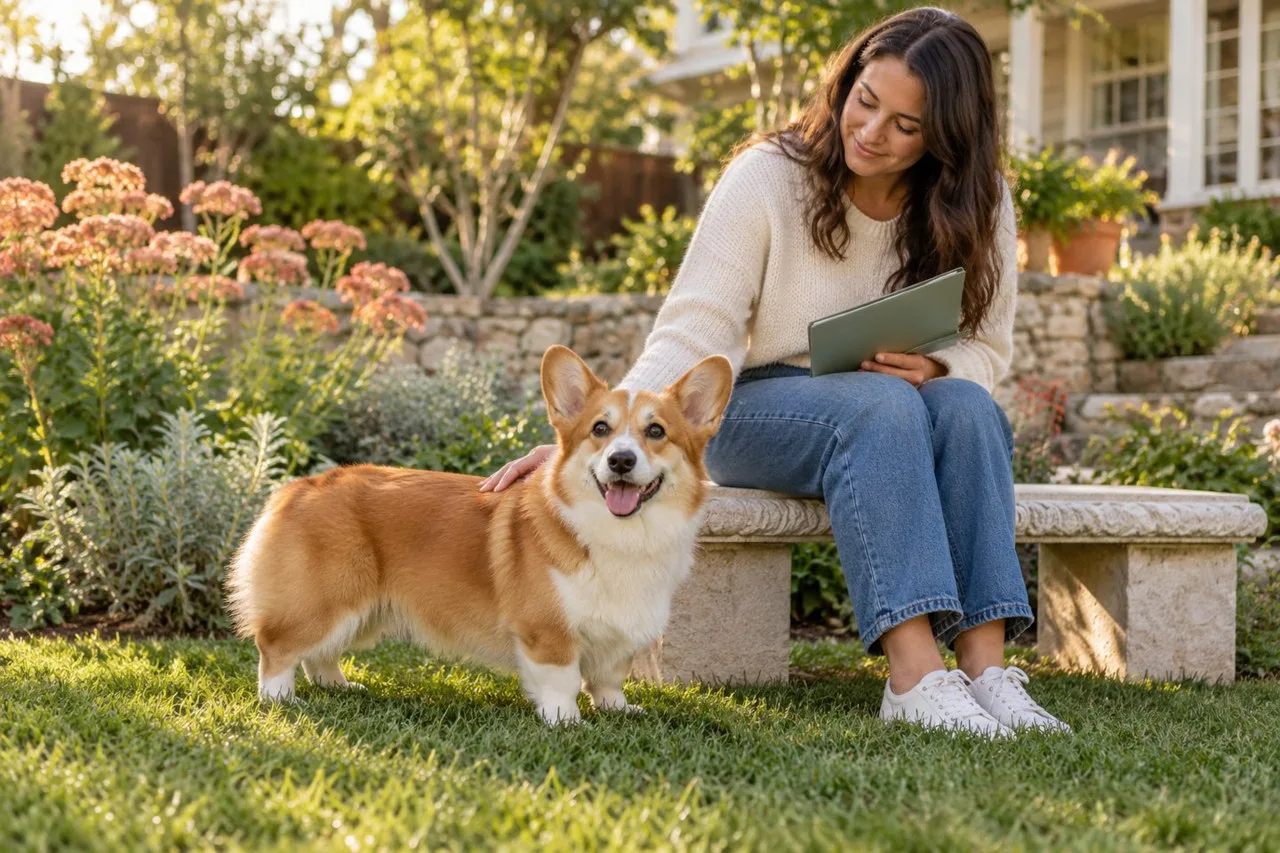 Owner sitting beside a corgi in a garden